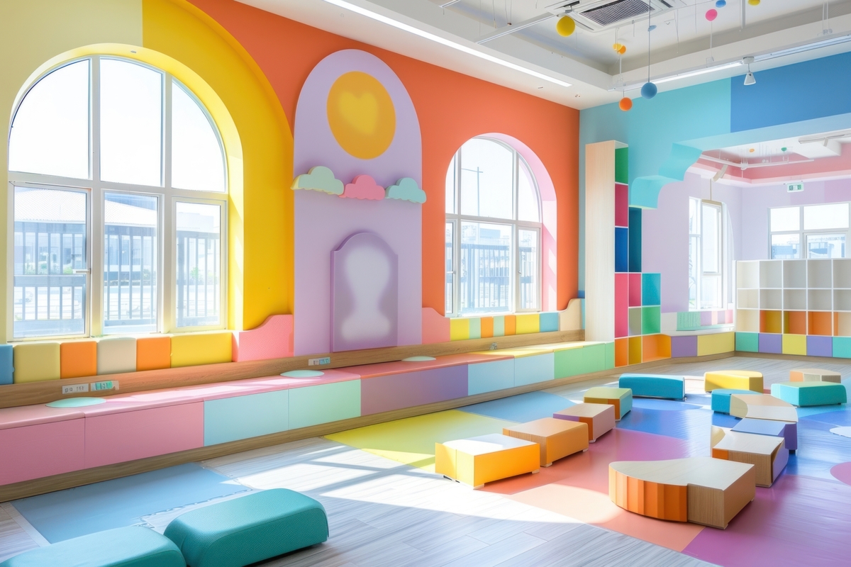 photo of empty *elementary classroom* , cute colorful decoration --ar 3:2